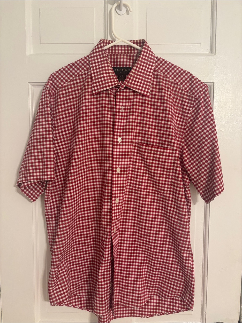 ALFRED SUNG Red and White Gingham Short-Sleeve Button-Down Shirt